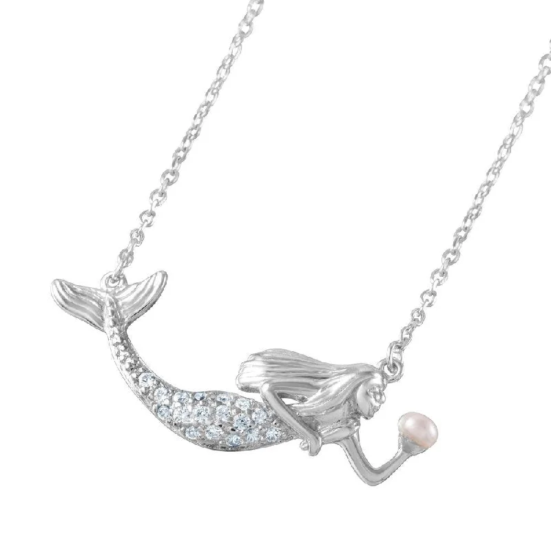 ladies necklaces peace-Silver 925 Rhodium Plated Clear CZ and Pearl Mermaid Necklace - BGP01046