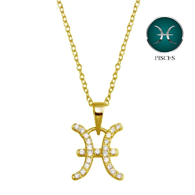 ladies necklaces short-Gold Plated 925 Sterling Silver Pisces CZ Zodiac Sign Necklace - BGP01329GP