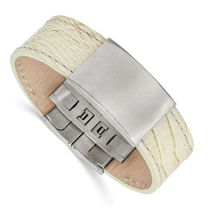 ladies bracelets mixed metal-Stainless Steel Brushed White Leather ID Bracelet