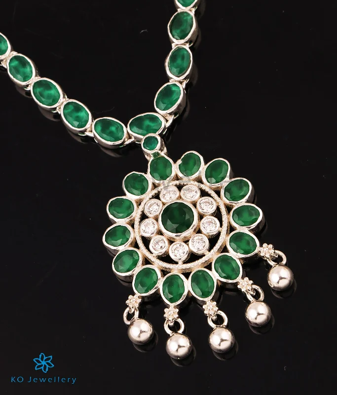 ladies necklaces trendy-The Shruti Silver Kempu Necklace (Green/Oxidised)