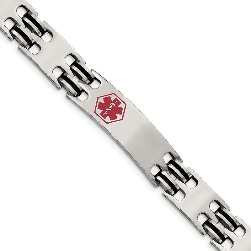 ladies bracelets modern classic-Stainless Steel Black Rubber Red Enamel 8.25in Medical Bracelet