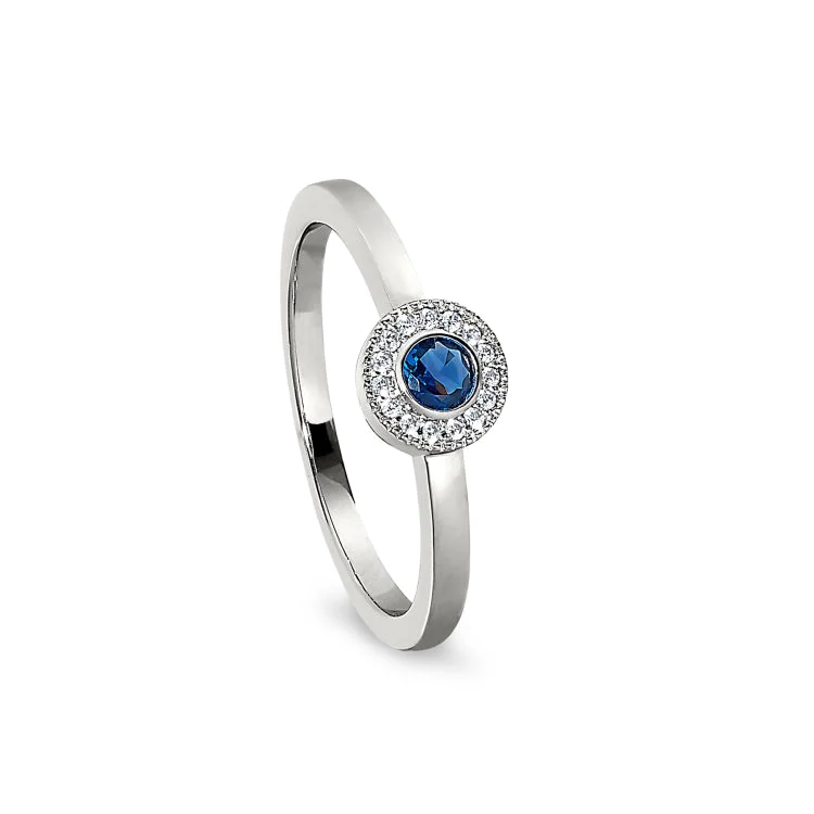 Ladies rings african motif -Platinum Finish Sterling Silver Micropave Round Simulated Sapphire Ring with Simulated Diamonds Size 7