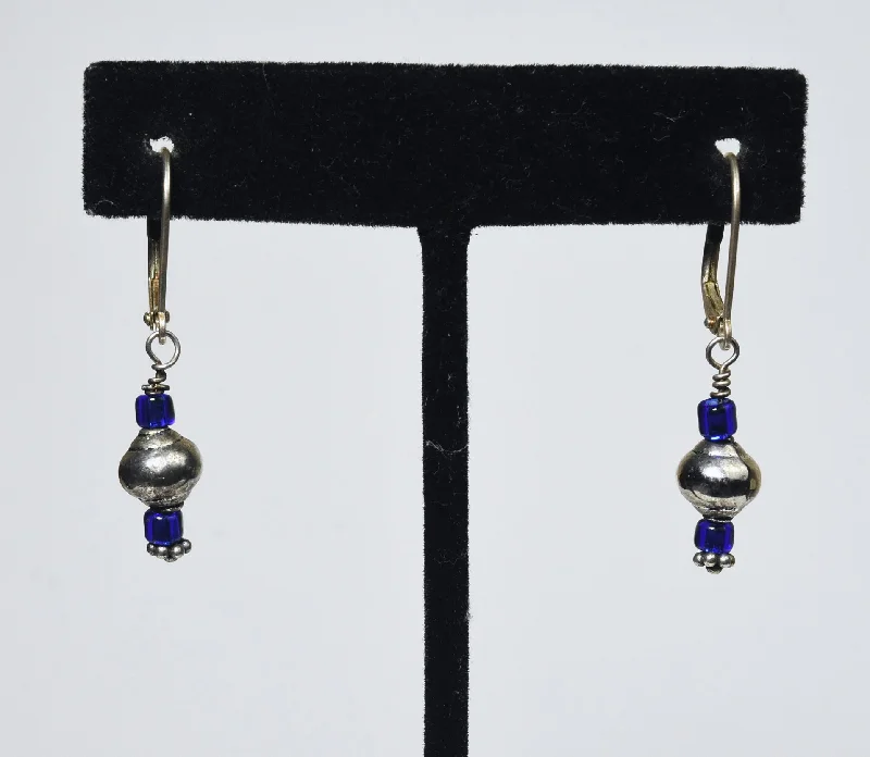 Ladies earrings online store -Silver and Blue Bead Dangle Earrings