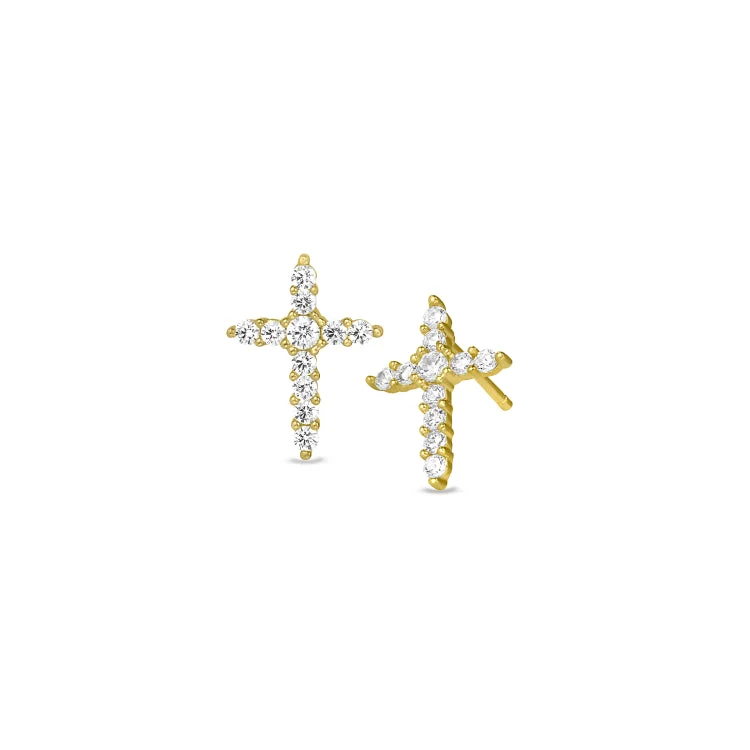 Ladies earrings with cross -Gold Finish Sterling Silver Cross Earrings with Simulated Diamonds