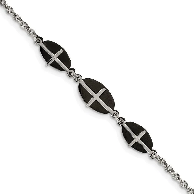 ladies bracelets happiness-Stainless Steel Polished Black IP-plated 7in w/1in ext. Cross Bracelet