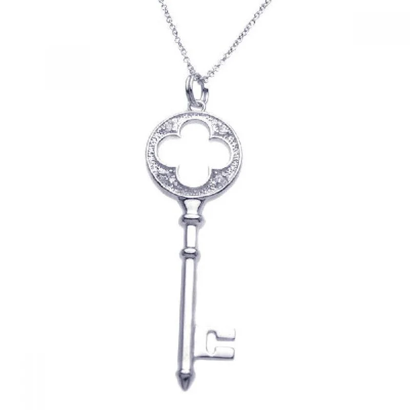 ladies necklaces timeless-Sterling Silver Rhodium Plated Clear CZ Clover Key Pendant Necklace - STP00970