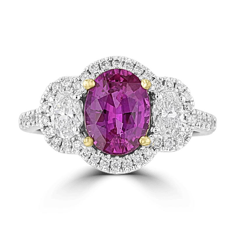 Ladies rings holiday gift -JULEVE 18KT 2.01 CT MAGENTA SAPPHIRE & .73 CTW DIAMOND 3 STONE HALO RING