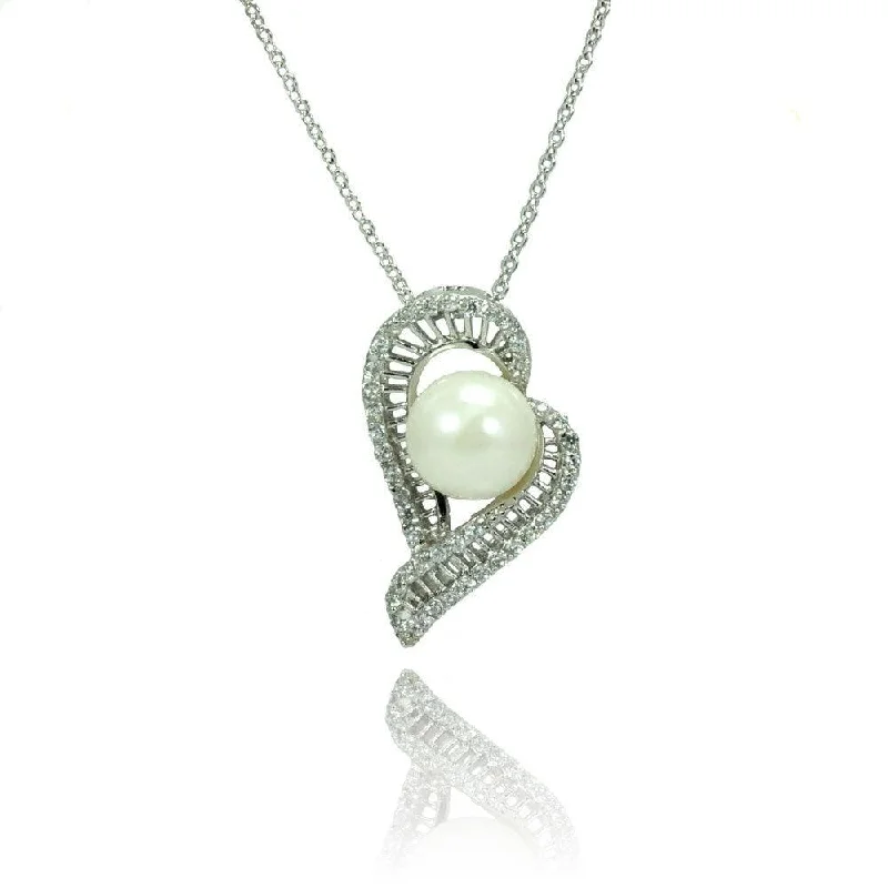 ladies necklaces lengths-Silver 925 Rhodium Plated Micro Pave CZ Pearl Necklace - BGP00795