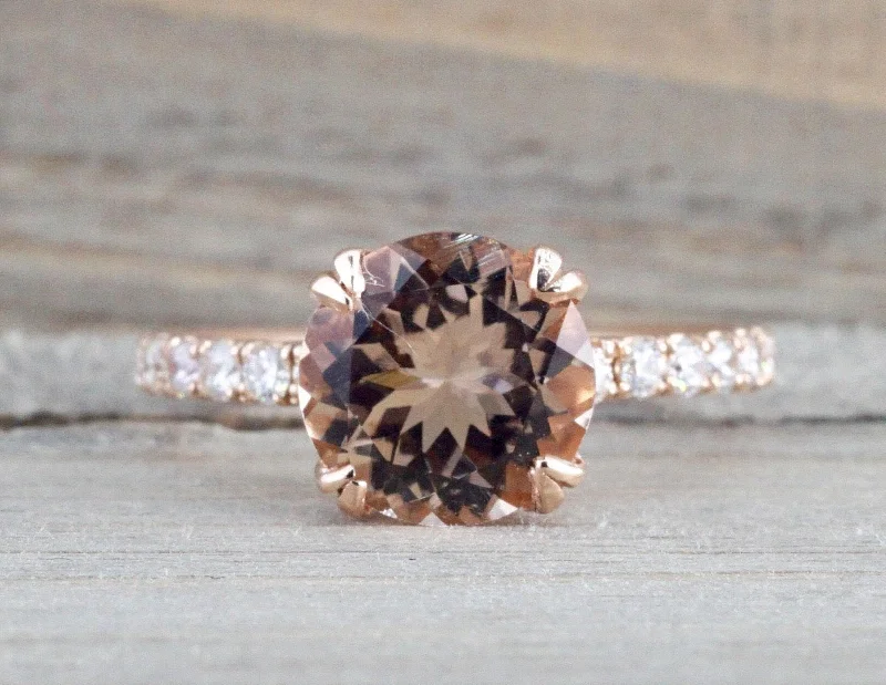 Ladies engagement rings labradorite shine -14k Rose Gold Diamond Round Peach Pink Morganite Solitaire Engagement Promise Love Anniversary Ring 9mm