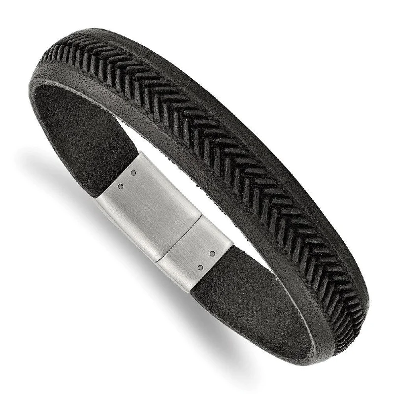 ladies bracelets monochrome-Stainless Steel Polished Black Italian Leather 8.75in Bracelet