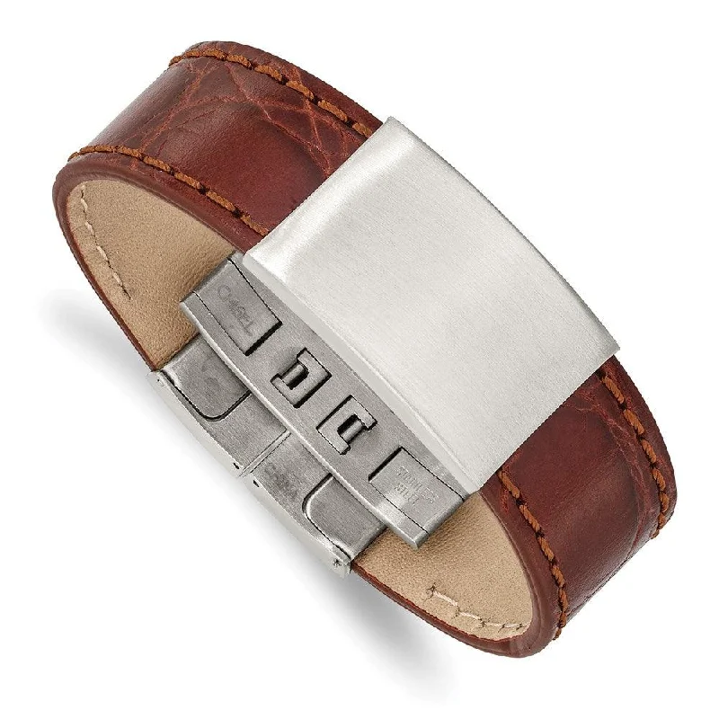 ladies bracelets holder-Stainless Steel Brushed Medium Brown Leather ID Bracelet