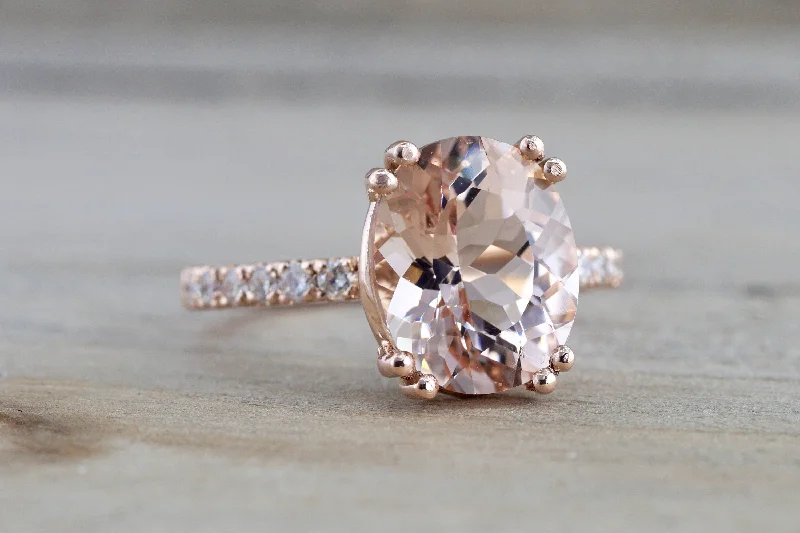 Ladies engagement rings with diamonds -14k Rose Gold Elongated Oval Cut Pink Morganite Diamond Engagement Ring