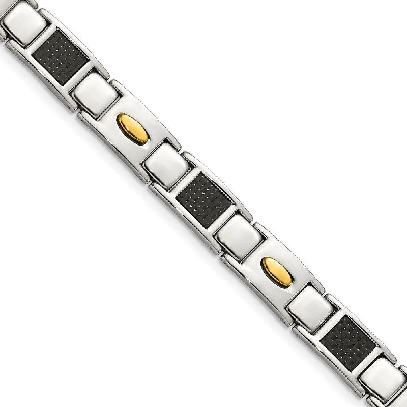 ladies bracelets holiday-Stainless Steel Polished Black Carbon Fiber Inlay & Yellow IP Bracelet