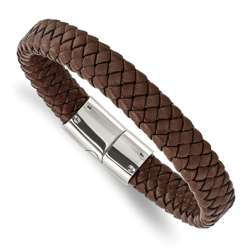 ladies bracelets presentation-Stainless Steel Polished Braided Brown Leather Bracelet