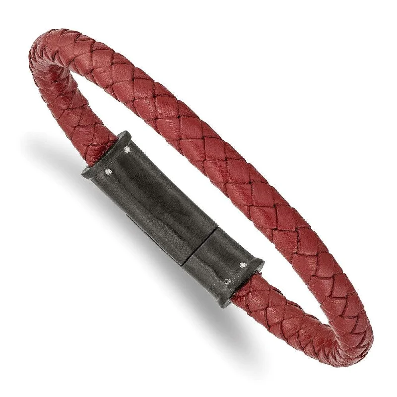 ladies bracelets bold statement-Stainless Steel Brushed Black IP-plated Red Leather 8.5in Bracelet