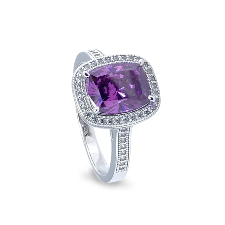 Ladies rings fashion runway -Platinum Finish Sterling Silver Micropave Ring with Simulated Amethyst and Simulated Diamonds