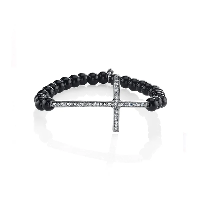 ladies bracelets budget-Black Onyx Bracelet with Diamond Cross - 6mm