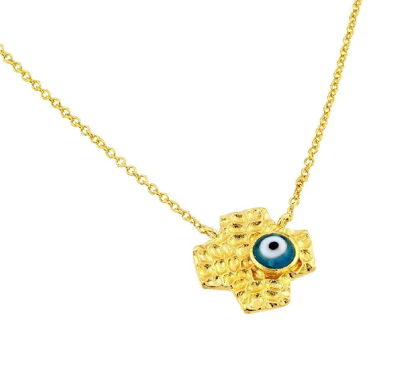 ladies necklaces deals-Silver 925 Gold Plated Evil Eye Blue Iris Square Cross Pendant Necklace - BGP00841GP