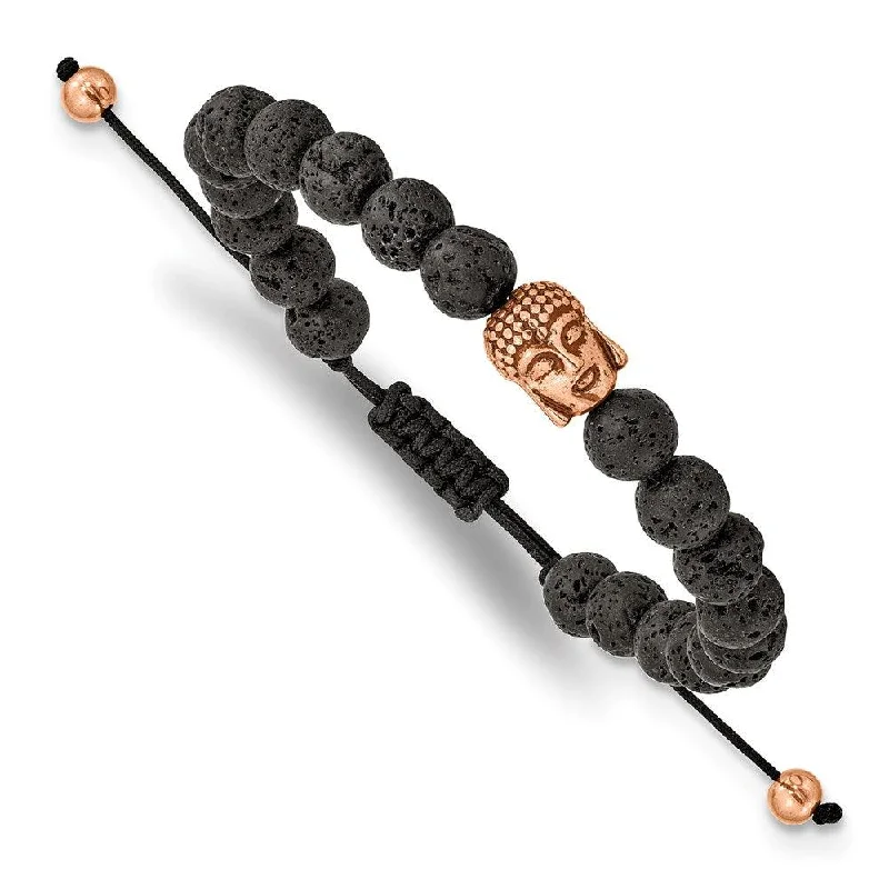 ladies bracelets classic-Stainless Steel Polished Rose IP Lava Stone Buddha Adjustable Bracelet