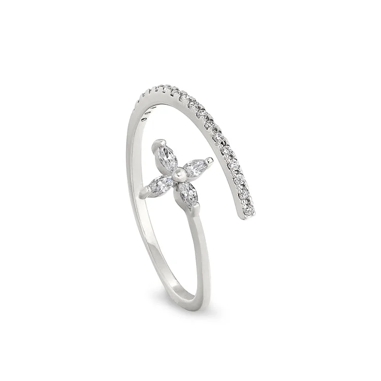 Ladies rings sustainable choice -Platinum Finish Sterling Silver Micropave Adjustable Twist Flower Ring with Simulated Diamonds