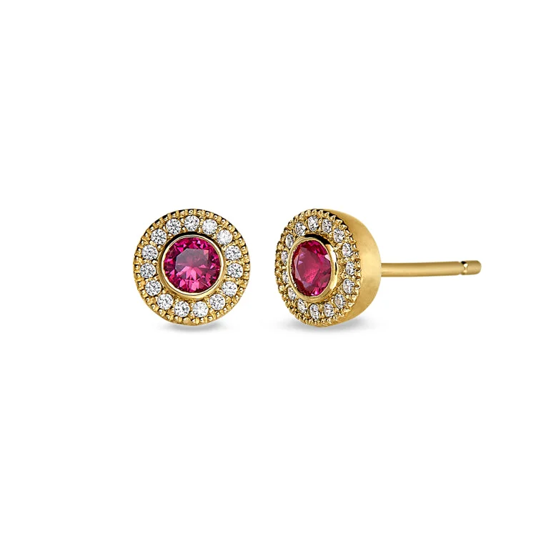 Ladies earrings hope symbol -Gold Finish Sterling Silver Micropave Round Simulated Ruby Earrings with Simulated Diamonds