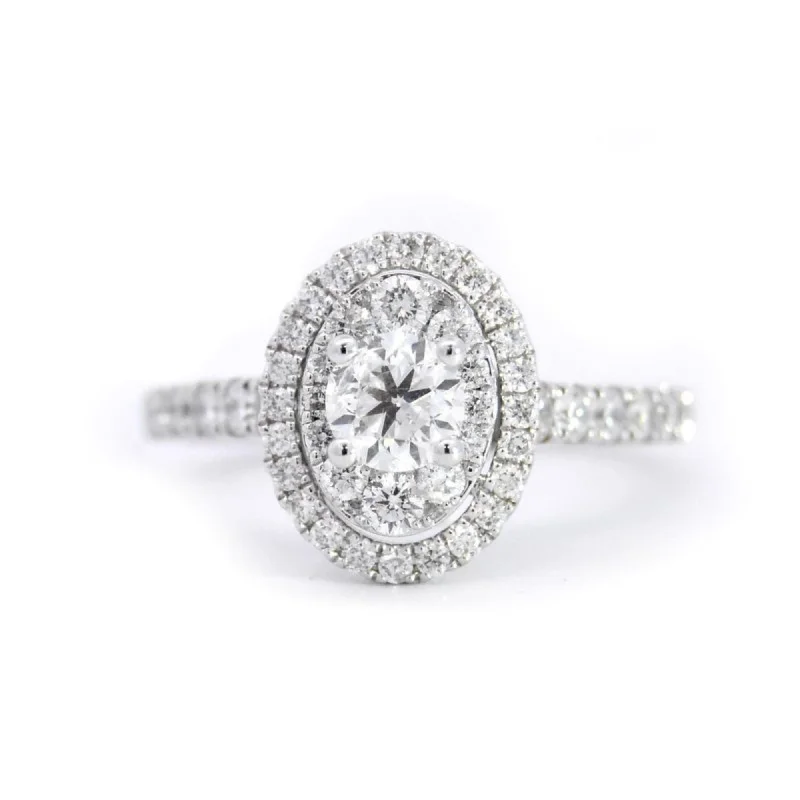 Ladies engagement rings platinum halo -1 1/5 Ctw Oval Double Halo Engagement Ring With 1/2 Carat Round Center Diamond