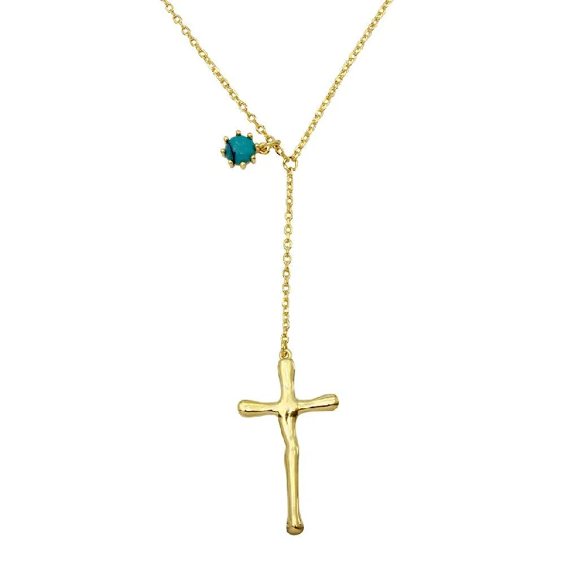 ladies necklaces 1980s-Gold Plated 925 Sterling Silver Cross Necklace with Turquoise Bead Charm - BGP01135