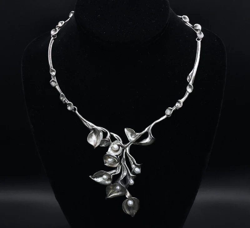 Ladies earrings with diamonds -Stunning Vintage Sterling Silver and Pearl Calla Lily Necklace and Earrings Set