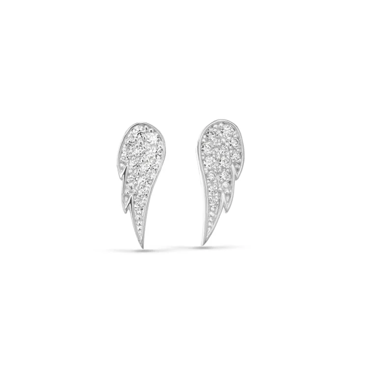 Ladies earrings mystic charm -Platinum Finish Sterling Silver Micropave Angel Wing Earrings with Simmulated Diamonds