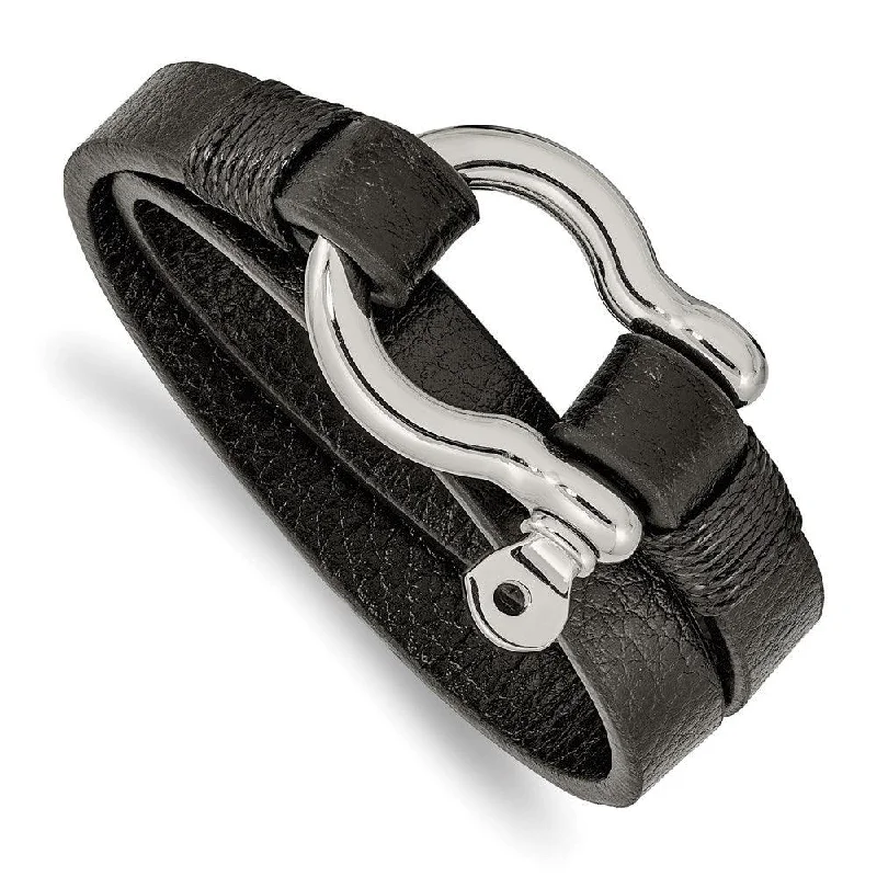 ladies bracelets glamorous-Stainless Steel Polished Textured Black Leather 16in Wrap Shackle Bracelet