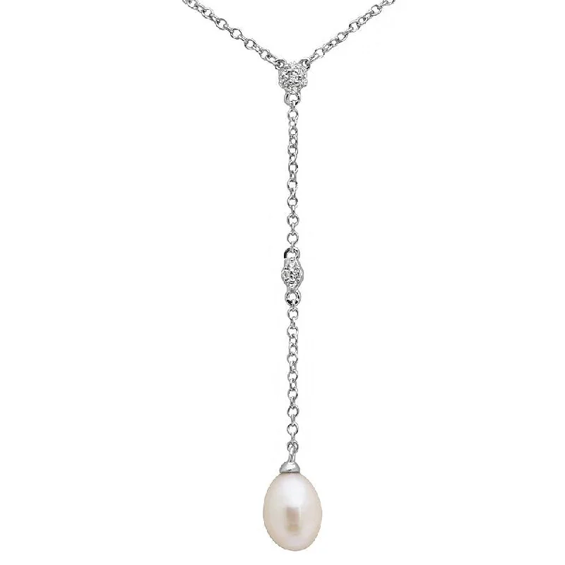 ladies necklaces custom-Rhodium Plated 925 Sterling Silver CZ Drop Fresh Water Pearl Necklace - BGP01138