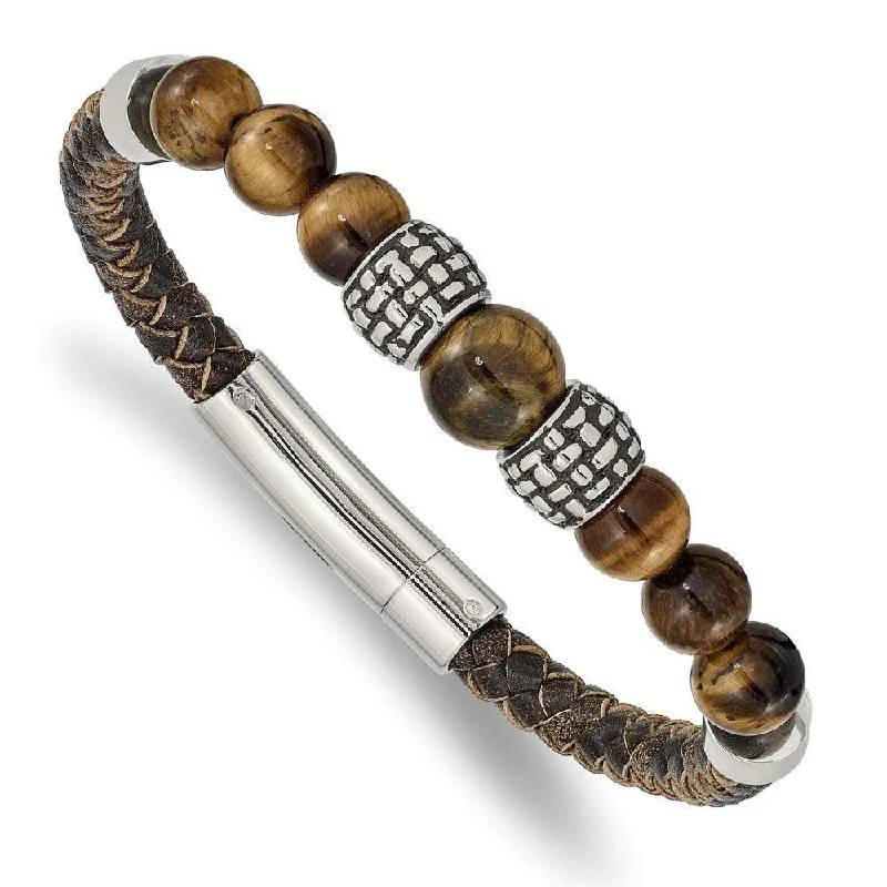 ladies bracelets budget-Stainless Steel Antiqued and Polished Tiger's Eye Leather 8.5in Bracelet