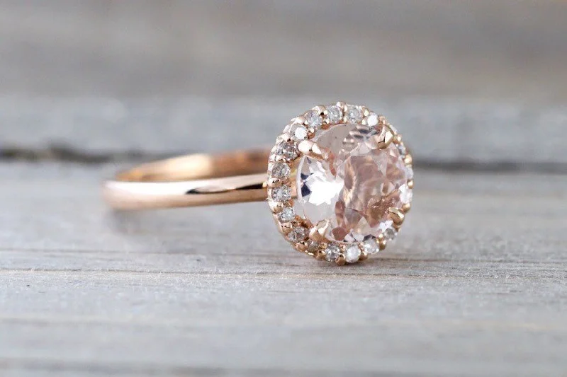 Ladies engagement rings geometric cut -14k Rose Gold Round 6mm Morganite Pink Peach Champagne Beige Diamond Halo Engagement Ring Crown Vintage