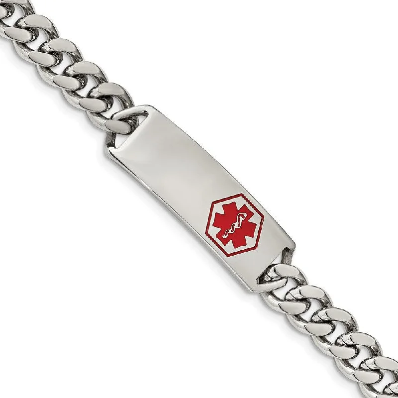 ladies bracelets latest-Stainless Steel Polished with Red Enamel 8in Medical ID Bracelet