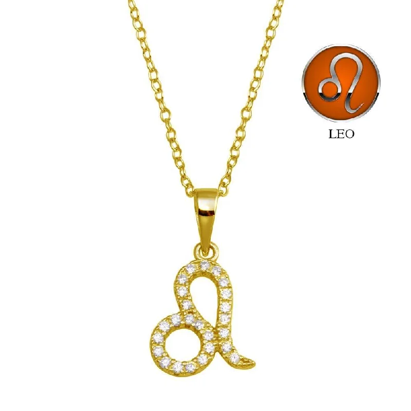 ladies necklaces water resistant-Gold Plated 925 Sterling Silver Leo CZ Zodiac Sign Necklace - BGP01336GP