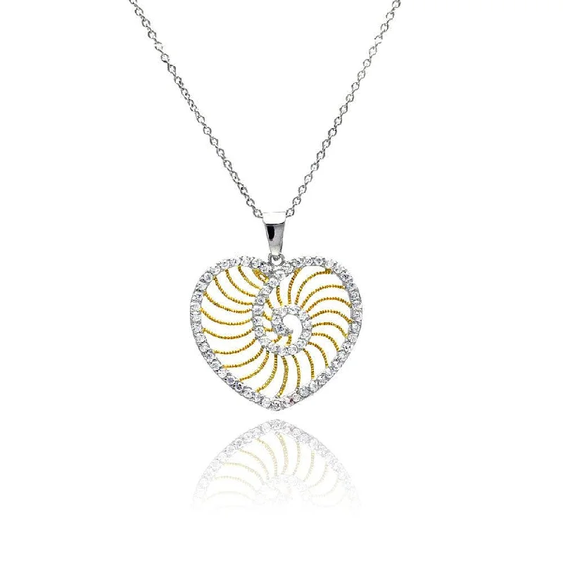 ladies necklaces infinity-Clearance-Silver 925 Rhodium Plated Clear CZ Heart Gold Plated Swirl Pendant Necklace - STP00838