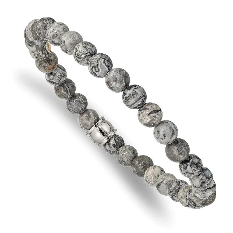 ladies bracelets sapphire-Stainless Steel Polished Grey Jasper Stretch Bracelet