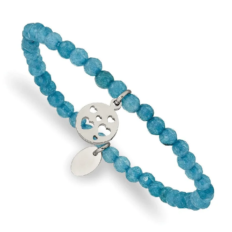 ladies bracelets pre owned-Stainless Steel Polished Hearts Blue Jade Beaded Stretch Bracelet