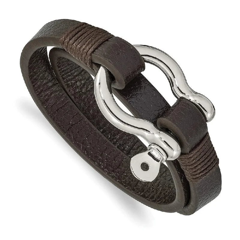 ladies bracelets modern classic-Stainless Steel Polished Brown Leather 16in Wrap Shackle Bracelet