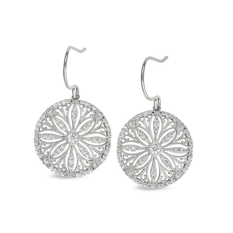 Ladies earrings new job -Platinum Finish Sterling Silver Micropave Vintage Sand Dollar Earrings with Simulated Diamonds