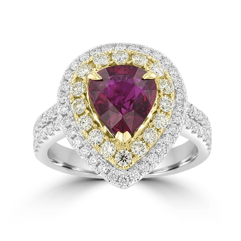 Ladies rings owl design -JULEVE 18KT 2.38 CTW RUBY & .99 CTW DIAMOND DOUBLE PEAR HALO RING