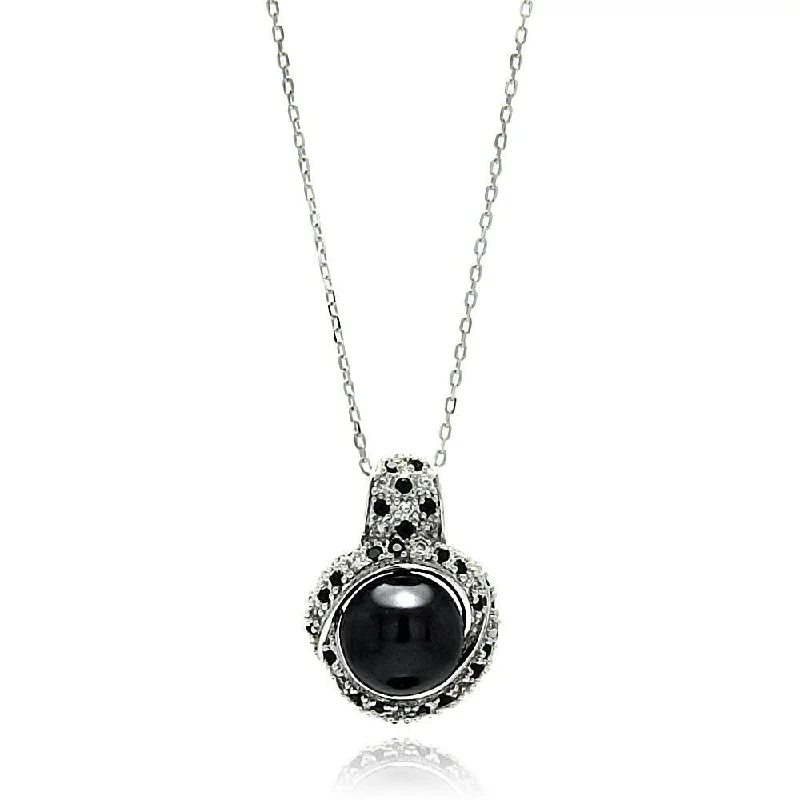 ladies necklaces eye catching-Clearance-Silver 925 Rhodium Plated Round CZ Black Center Pearl Necklace - BGP00573