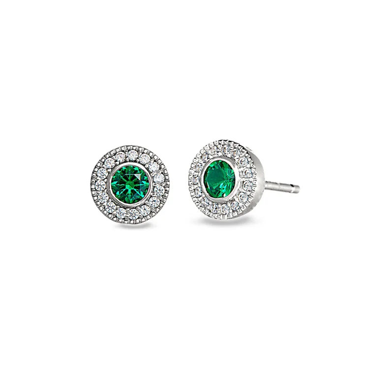 Ladies earrings classic charm -Platinum Finish Sterling Silver Micropave Round Simulated Emerald Earrings with Simulated Diamonds