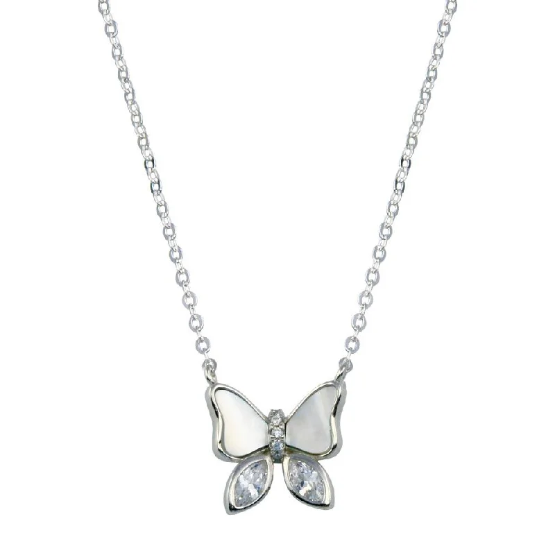 ladies necklaces amethyst-Rhodium Plated 925 Sterling Silver Butterfly CZ Mother of Pearl Necklace - STP01765