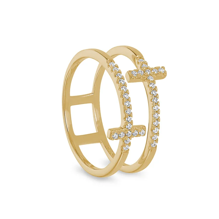 Ladies rings new year style -Gold Finish Sterling Silver Micropave Double Cross Ring with Simulated Diamonds