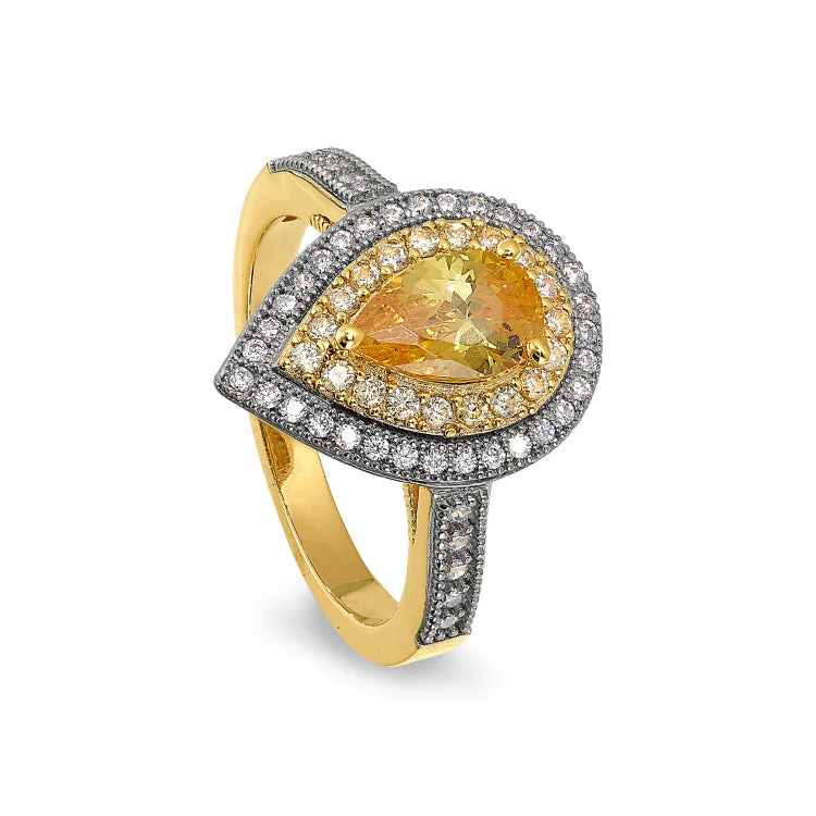 Ladies rings bamboo style -Gold and Platinum Finish Sterling Silver Micropave Pear Shaped Ring with a Canary Colored Stone and Simulated Diamonds