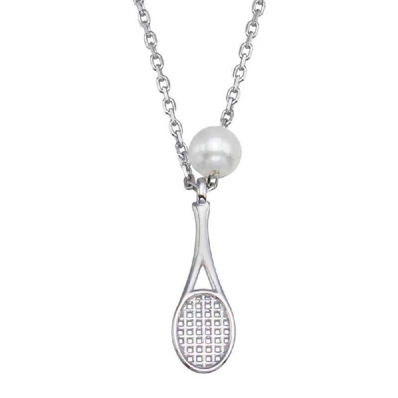 ladies necklaces subtle elegance-Rhodium Plated 925 Sterling Silver Synthetic Mother of Pearl Tennis Racket Necklace - GMN00095