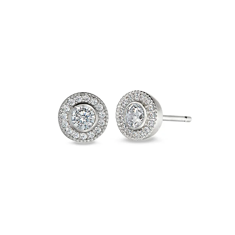 Ladies earrings aquamarine gem -Platinum Finish Sterling Silver Micropave Round Simulated Diamond Earrings with Simulated Diamonds