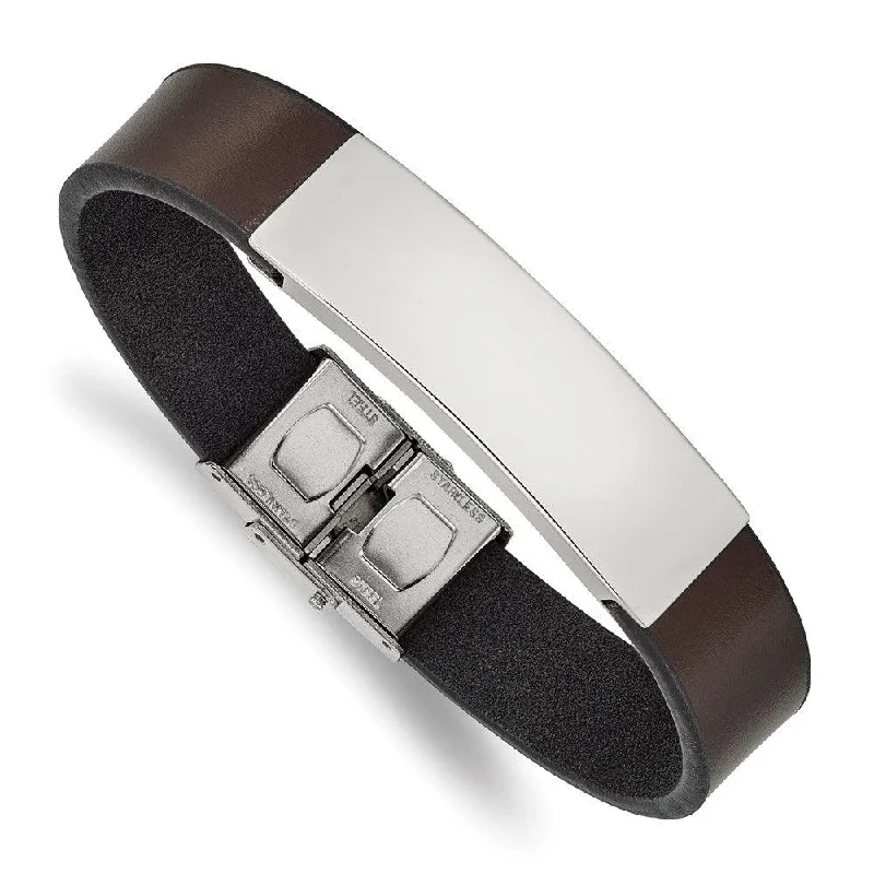 ladies bracelets unity-Stainless Steel Polished Brown Leather 8.25in ID Bracelet