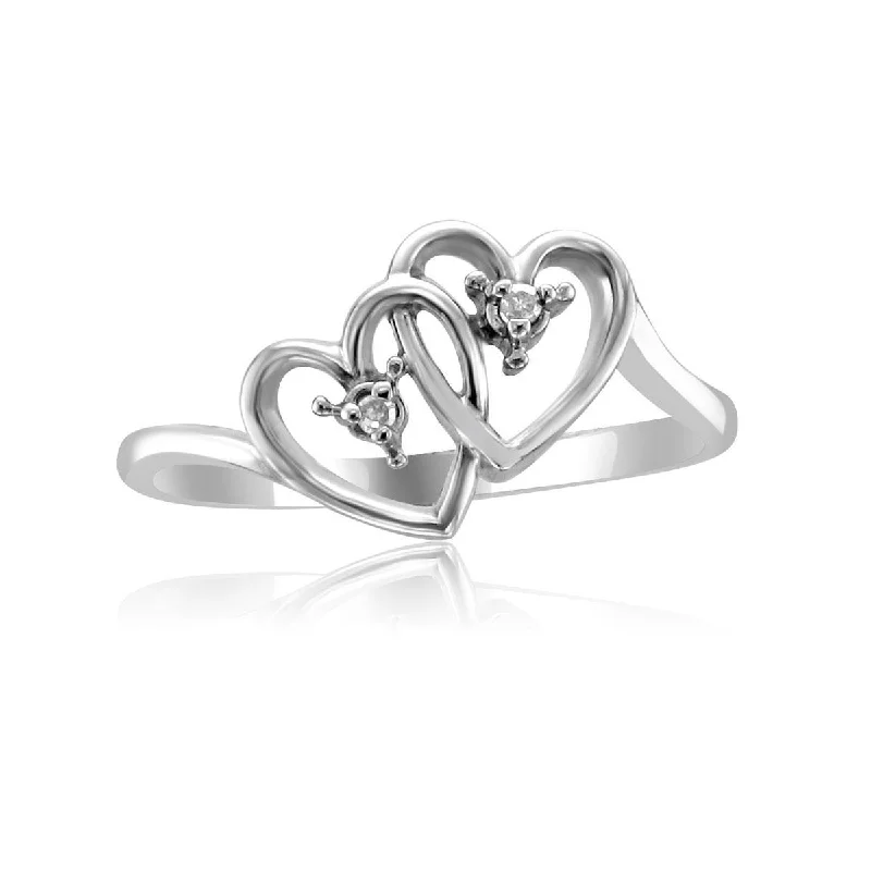 Ladies rings coral accent -10KT WHITE GOLD DIAMOND DOUBLE HEART PROMISE RING